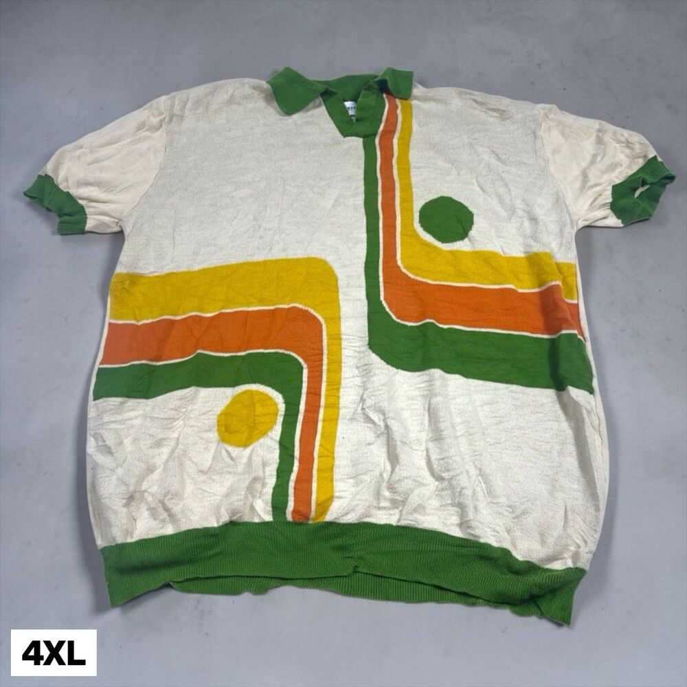 Oxknit Sweater Polo Men's 4XL Knit 60s 70s Retro Short Sleeve Geometric Green